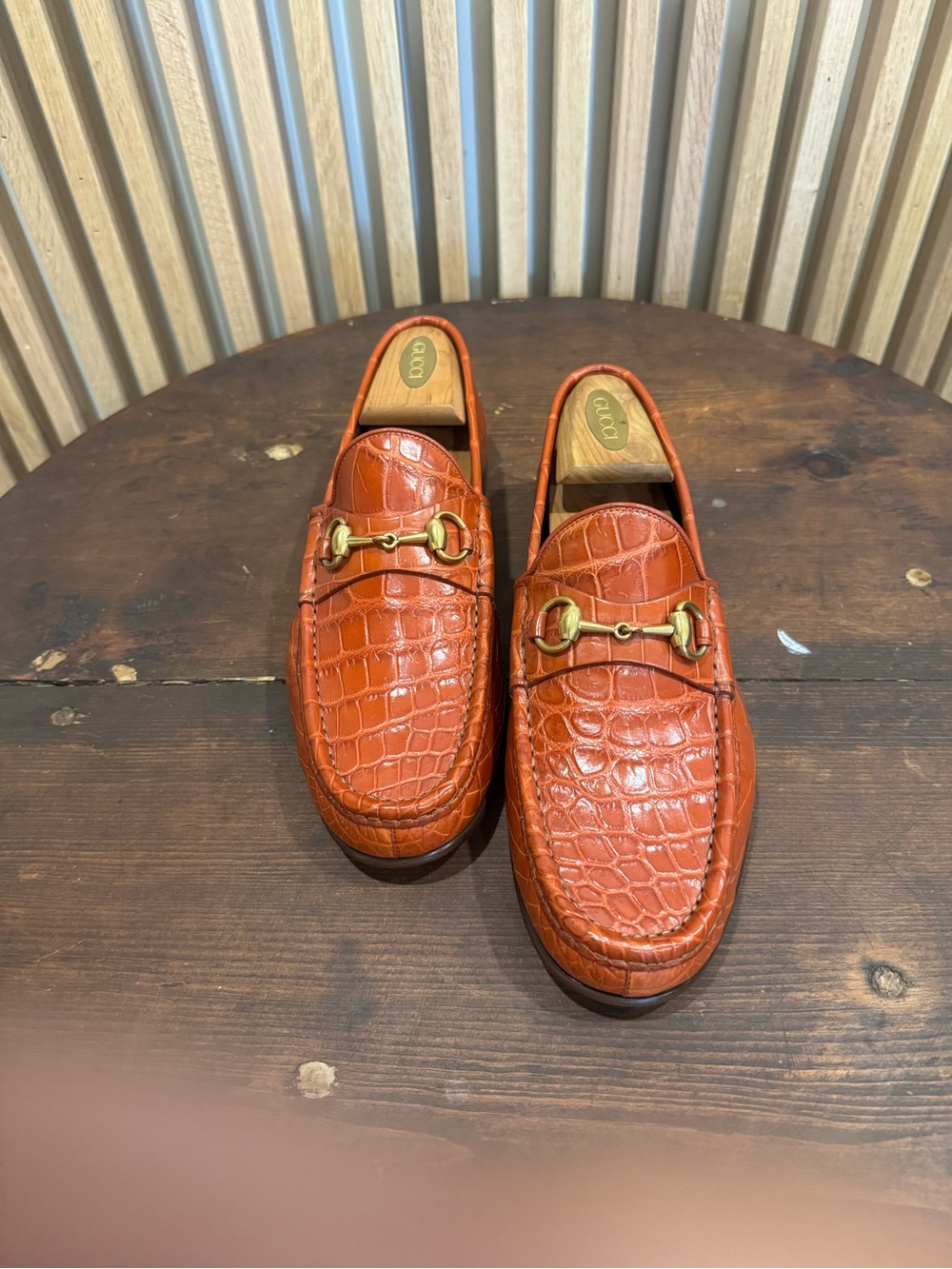 Gucci Orange Croc-Embossed Horsebit 1953 Loafers
